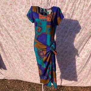 vintage 90s dress bold cottage core | S-M| midi 1990s   blue green orange